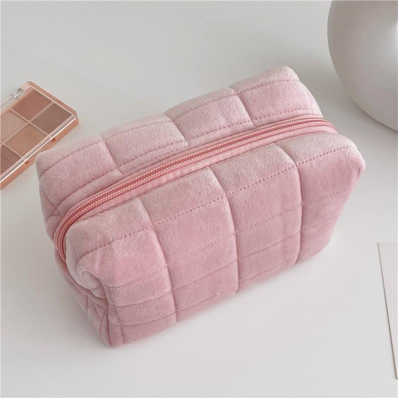 Plush Makeup Bag Checkered Cosmetic Bag