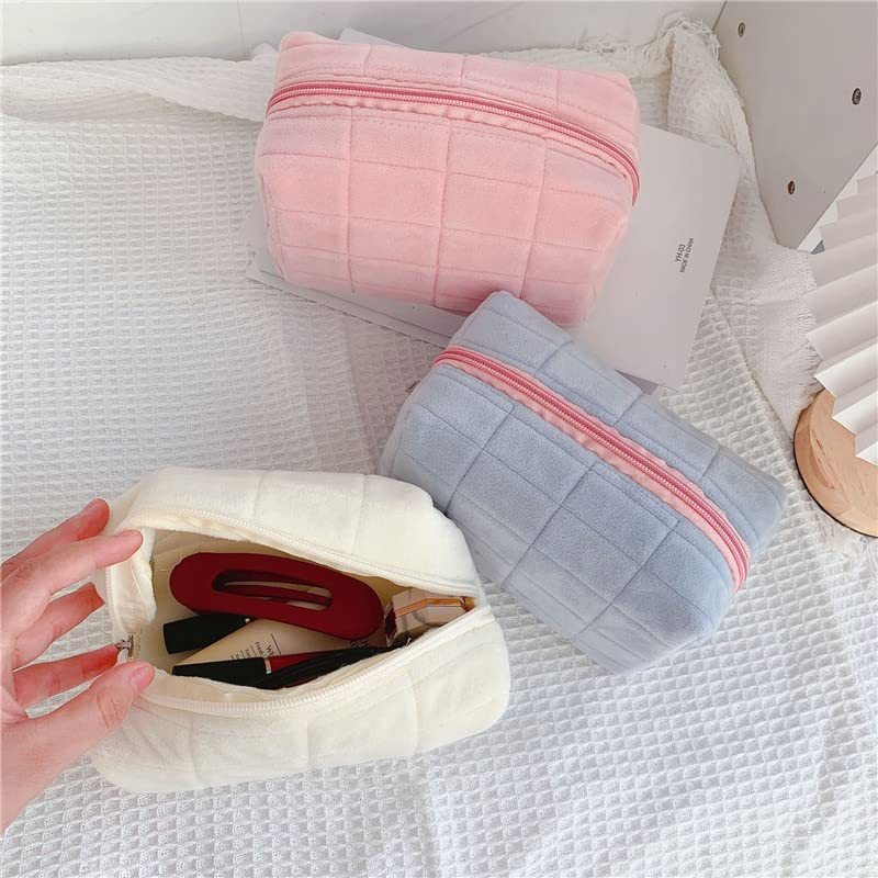 Plush Makeup Bag Checkered Cosmetic Bag