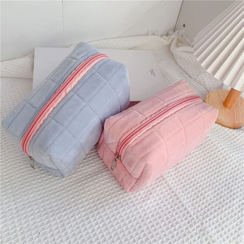 Plush Makeup Bag Checkered Cosmetic Bag