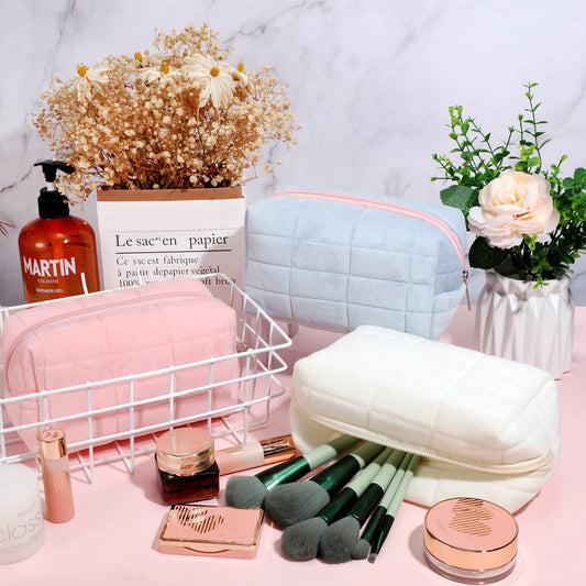Plush Makeup Bag Checkered Cosmetic Bag