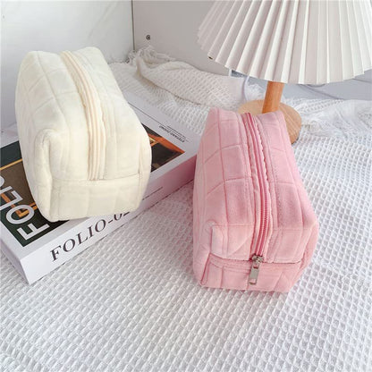 Plush Makeup Bag Checkered Cosmetic Bag